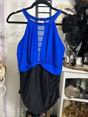 Blue and Black High-Neck One-Piece Swimsuit